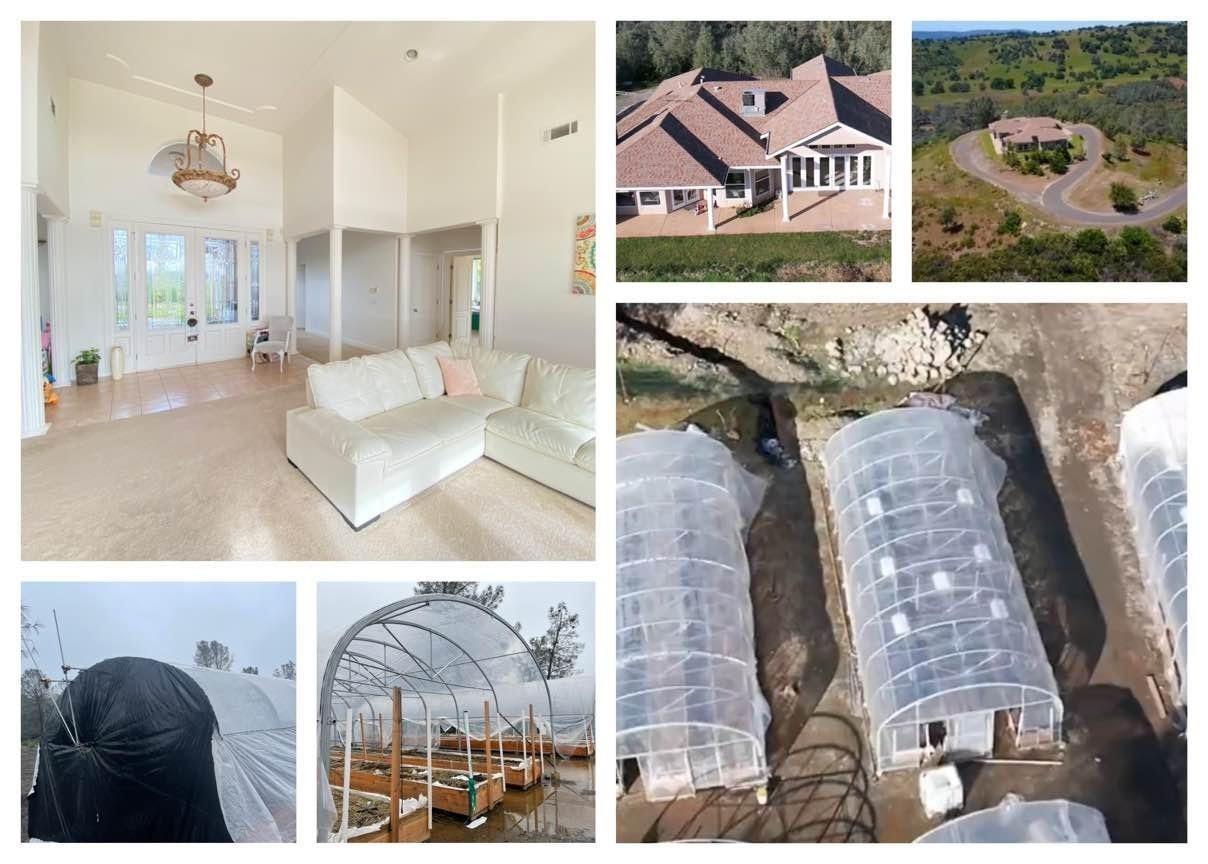 Gold Country 40 acre Ranchette just off HYW 4. Gorgeous 3 bed 3 bath home with office, formal dinning living room & family room. Come sit on the back poach and enjoy the views.  Totaling 10,000 SqFt these Cold Frame, Light Dep, 20x50 greenhouses are all installed with 220v, 110v & water. With 9 more read to be installed per seller. All Finalized engineered grading, 3 phase power 25,000 gallon storage tank and much more. Seller is a licensed cultivator and may offer that up separately.
