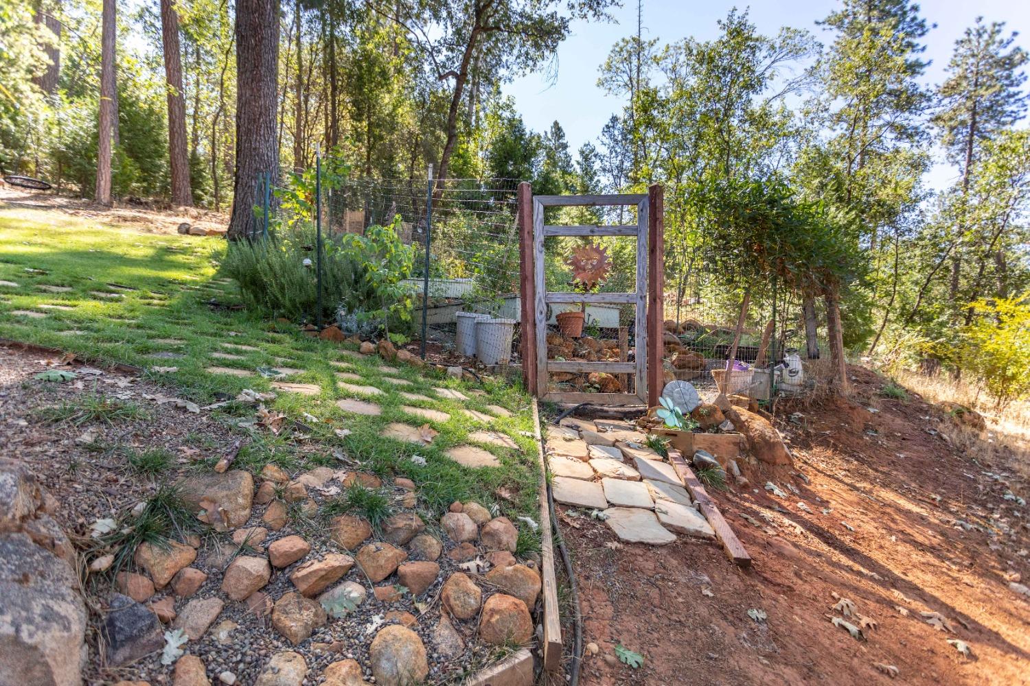 Fenced garden with raised planters